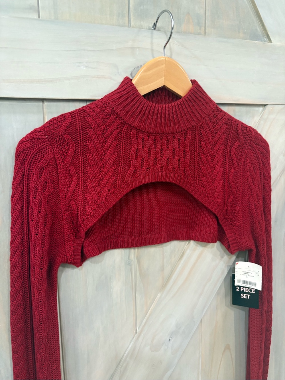 Crimson Red Cable-Knit Layered Mock-Neck Sweater Set - Picture 7 of 7